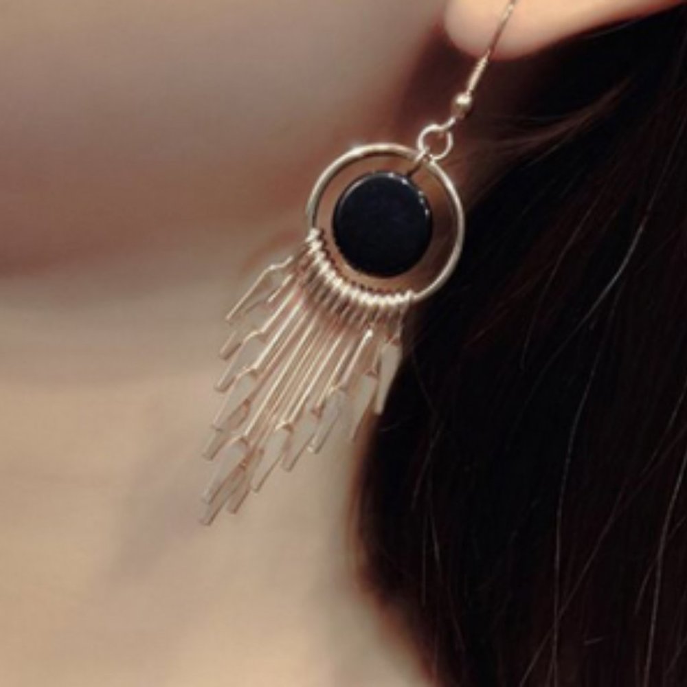 New Black Round Metal Tassel Drop Earrings jewelry - Picture 6 of 8